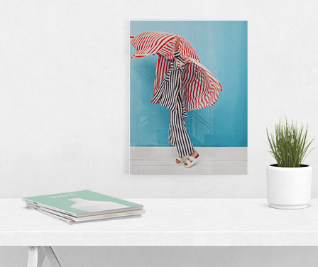 Imagen de cuadro con foto en formato acrílico pequeño, una planta y revistas.